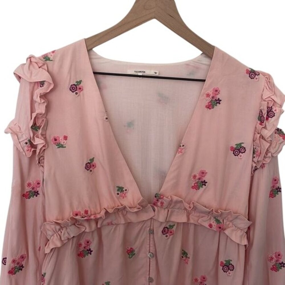 Tularosa | Floral Embroidered Plunging V Neck Button Down Bell Sleeve Top Small - Picture 2 of 9